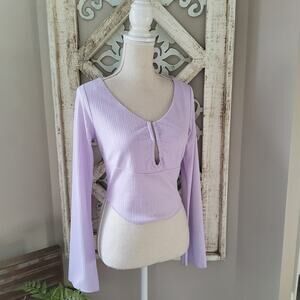 New Astr Women's Ribbed Long Bell Sleeve Cropped U-Ring Top in Purple